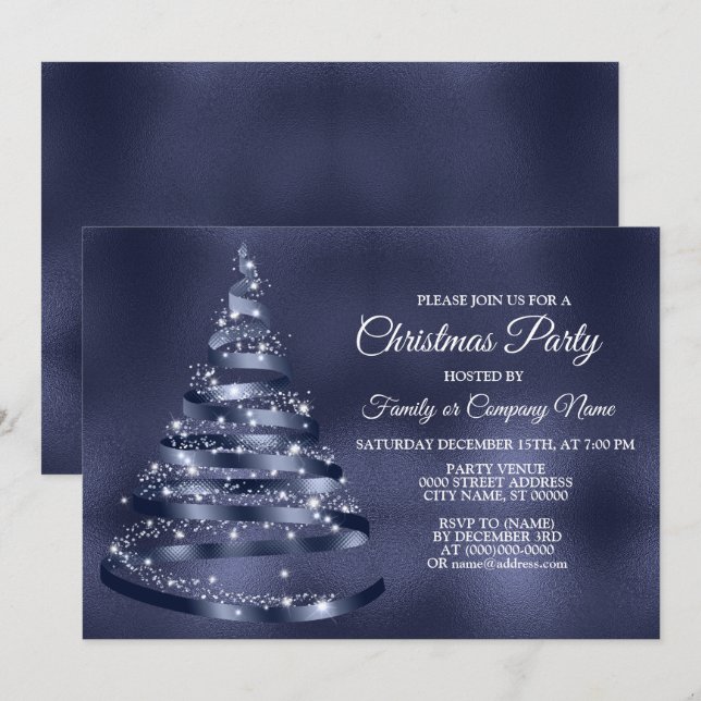 Weihnachts-Party Shiny Blue Ribbon Tree Sparkle Einladung (Vorne/Hinten)