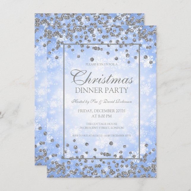 Weihnachts-Party Silver Blue Glitzer Winter Wunder Einladung (Vorne/Hinten)