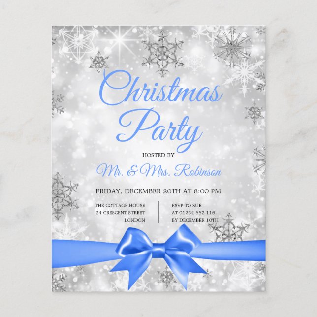 Weihnachts-Party Silver Winter Sparkle Blue Ribbon Flyer (Vorne)
