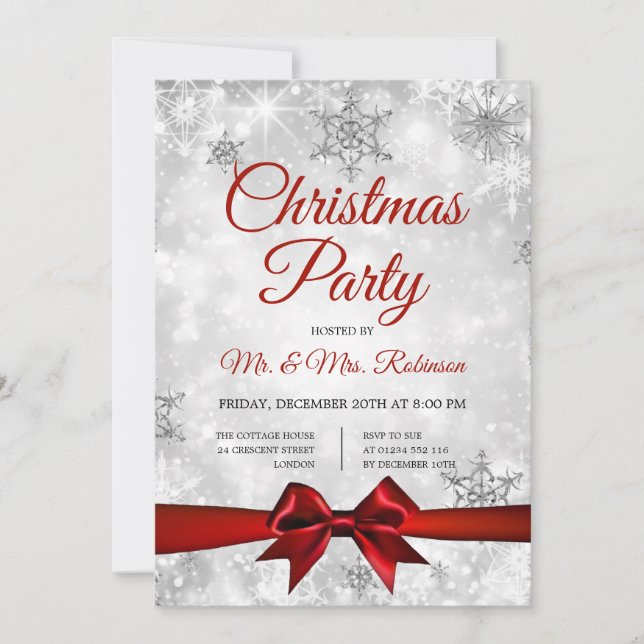 Weihnachts-Party Silver Winter Sparkle Red Ribbon Einladung (Vorderseite)
