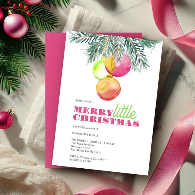Weihnachts Party Sip and See Einladung (Sip & see winter baby shower girl invitation watercolor pink bauble & pine bows Victoria Grigaliunas)
