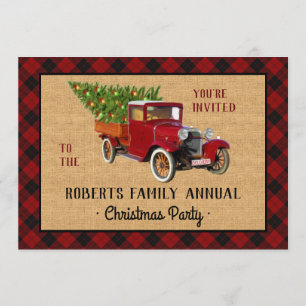 Weihnachts-Party Vintager Truck Tree Karierter Kar Einladung