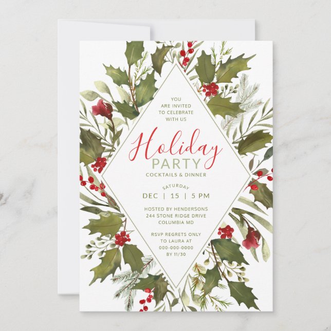 Weihnachts-Party Wasserfarbe Vintag Heilige Grüne Einladung (Vorderseite)