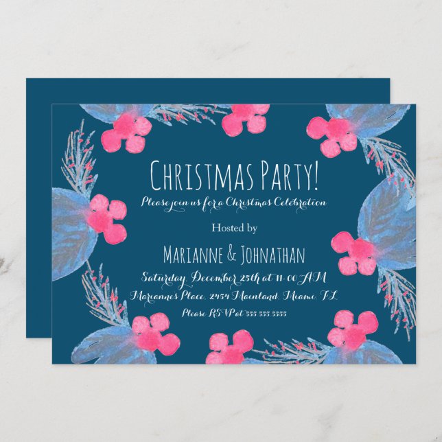 Weihnachts-Party Watercolor Pionsettias Berry Blue Einladung (Vorne/Hinten)