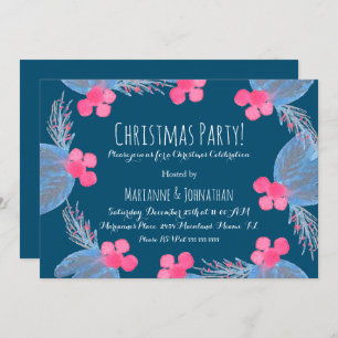 Weihnachts-Party Watercolor Pionsettias Berry Blue Einladung