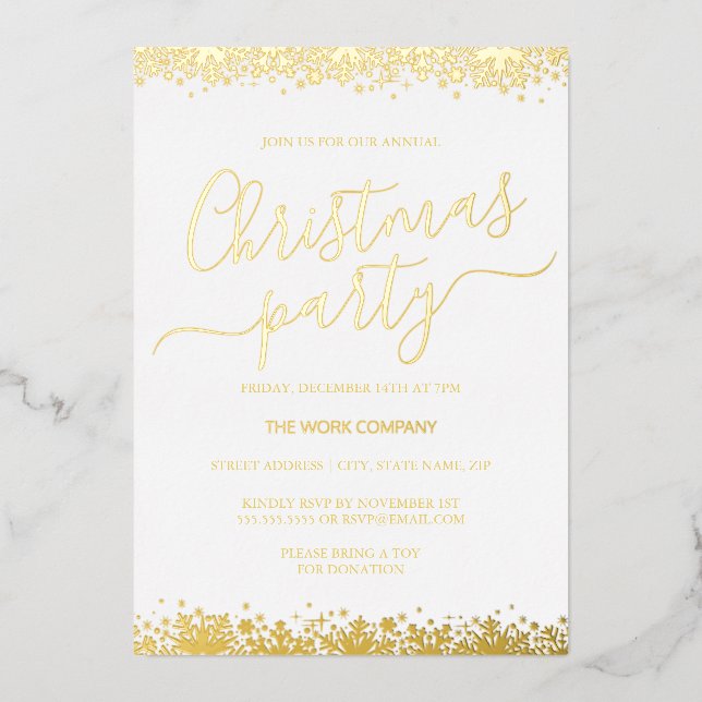 Weihnachts-Party Weißer Goldene Schneeflocke Folieneinladung (Vorderseite)