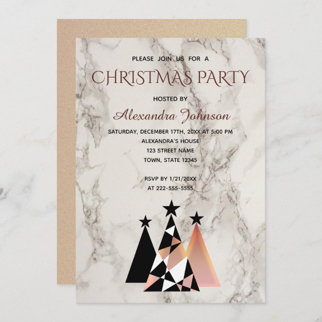 Weihnachts-Party Weißer Marmor und Rose Gold Elega Einladung (Vorne/Hinten)