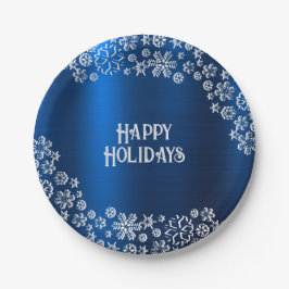 Weihnachts-Party White Snowflakes Navy Blue Pappteller