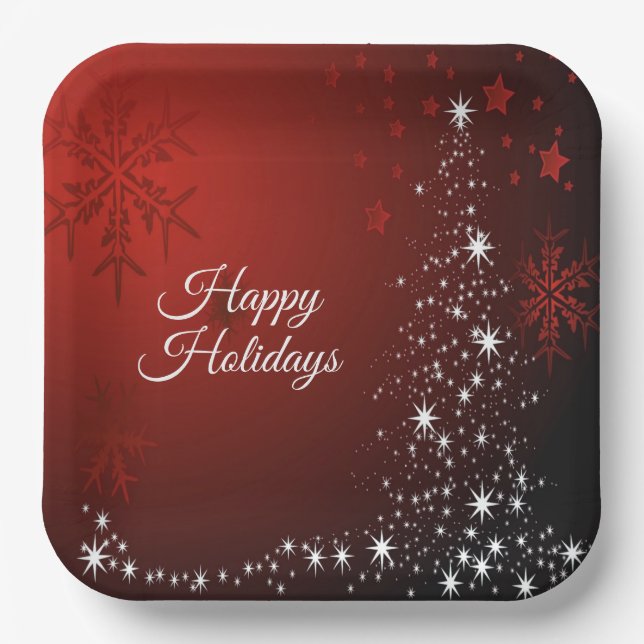 Weihnachts-Party White Stars Tree Rote Schneeflock Pappteller (Vorderseite)