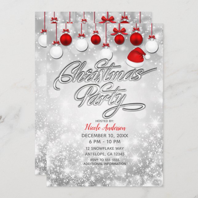 Weihnachts-Party Winter Rot Weiße Ornamente Einladung (Vorne/Hinten)