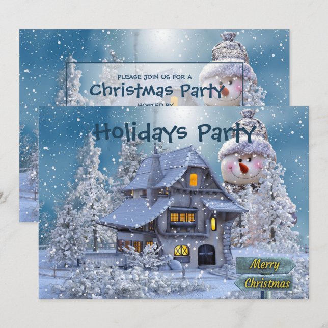 Weihnachts Party Winter White Snowman Blue Rustika Einladung (Vorne/Hinten)