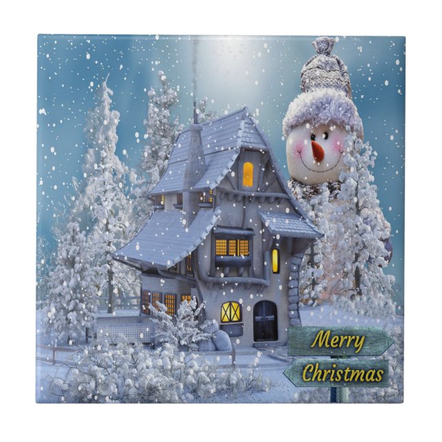 Weihnachts Party Winter White Snowman Blue Rustika Fliese (Vorderseite)