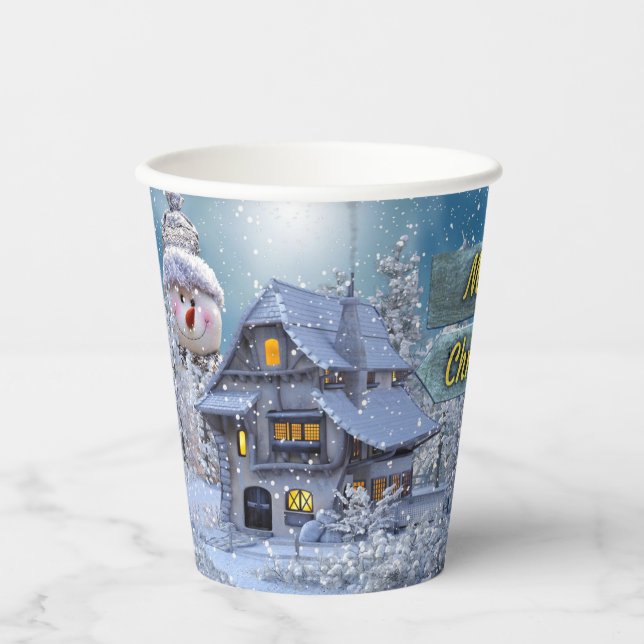 Weihnachts Party Winter White Snowman Blue Rustika Pappbecher (Vorderseite)