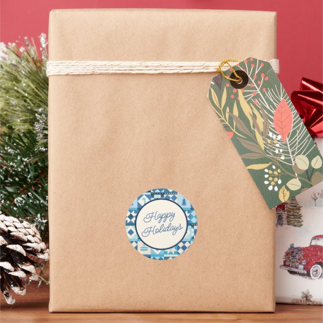Weihnachts-Patchwork Blau Frohe Feiertage Runder Aufkleber (Feiertag)