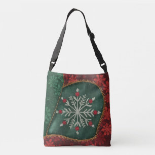 Weihnachts-Patchwork Grün & Rot-Blütenschneeflocke Tragetaschen Mit Langen Trägern