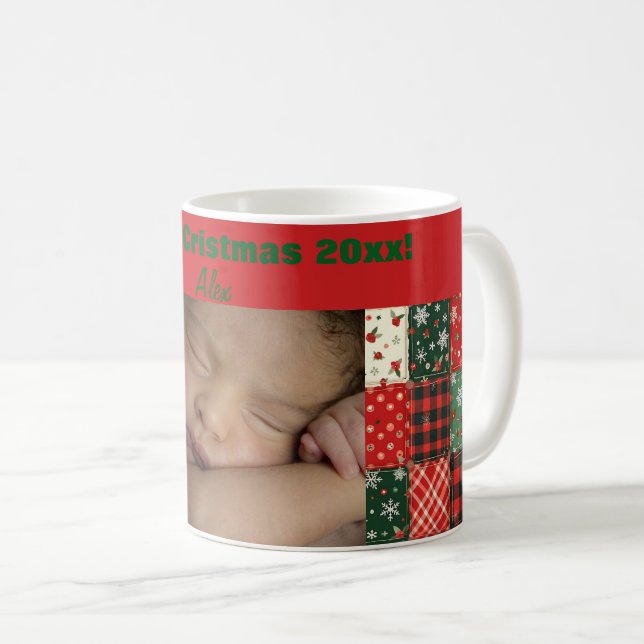 Weihnachts-Patchwork grün rote Fototasse Kaffeetasse (VorderseiteRechts)