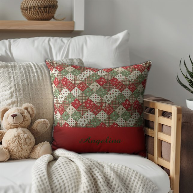  Weihnachts-Patchwork-Name Grün Rot  Kissen (Von Creator hochgeladen)