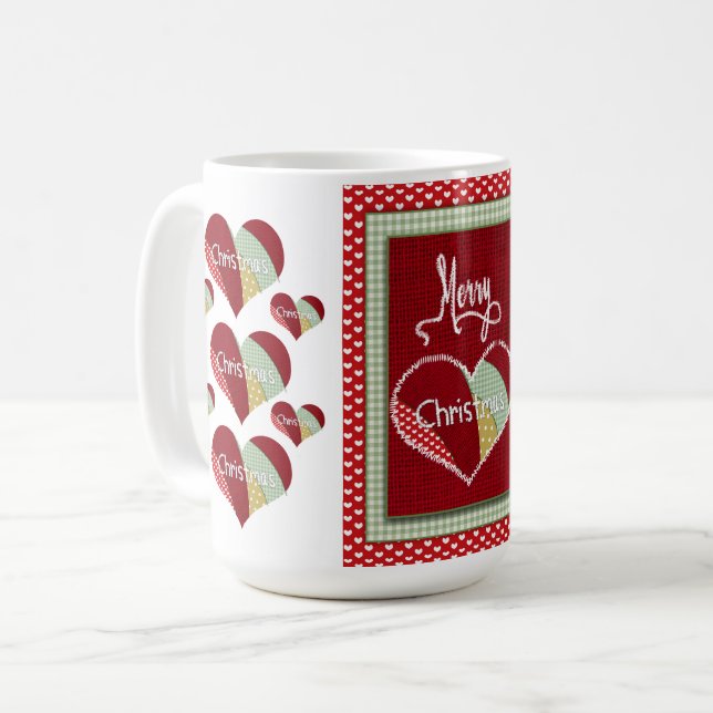 Weihnachts-Patchwork Quilted Heart Red Burlap Kaffeetasse (Vorderseite Links)