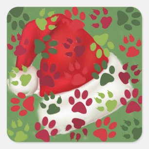Weihnachts-Paw-Prints mit Weihnachtsmannmütze Quadratischer Aufkleber