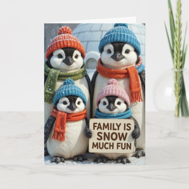 Weihnachts-Penguin-Familie in Schneeflocken Karte (Vorderseite)