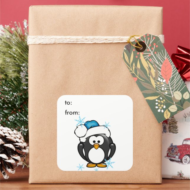 Weihnachts-Penguin-Geschenksticker Quadratischer Aufkleber (Feiertag)