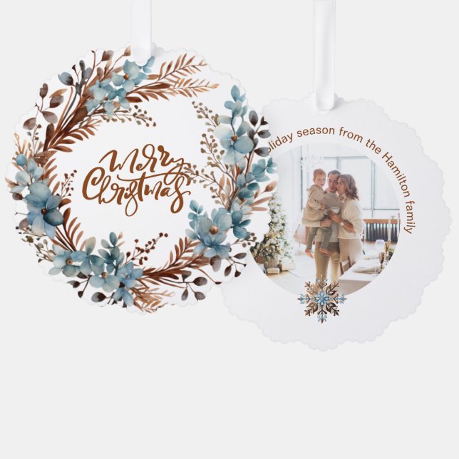Weihnachts-Personalisierte Foto Kranz und Typograf Ornament Karte (Vorderseite/Rückseite)
