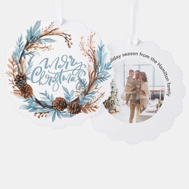 Weihnachts-Personalisierte Foto Kranz und Typograf Ornament Karte (Vorderseite/Rückseite)