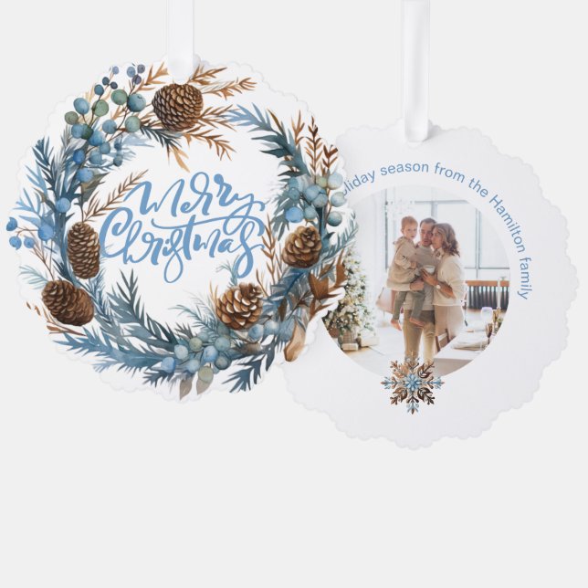 Weihnachts-Personalisierte Foto Kranz und Typograf Ornament Karte (Vorderseite/Rückseite)