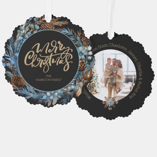 Weihnachts-Personalisierte Foto Kranz und Typograf Ornament Karte (Vorderseite/Rückseite)