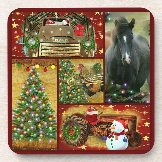 Weihnachts-Pferd Schneemann Lastwagen Traktor Getränkeuntersetzer (Vorderseite)