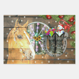 Weihnachts-Pferd-Wagenrad-Cowboy-Stiefel-Girlande Geschenkpapier Set