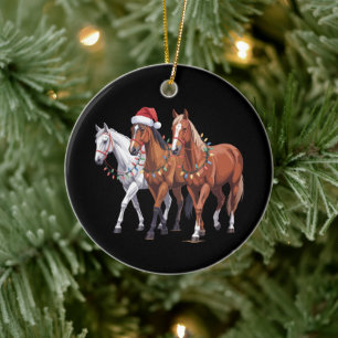 Weihnachts-Pferde Santa Hut Xmas Lichter Reitsport Keramik Ornament