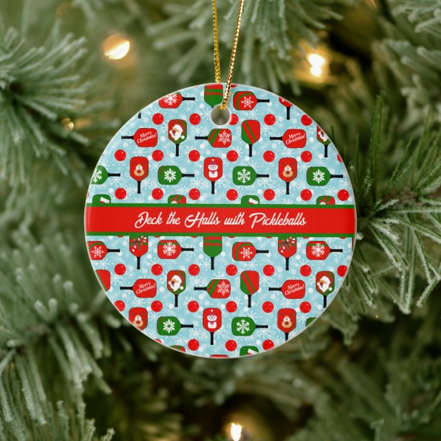 Weihnachts-Pickleball Rotes Grünes blaues Schneefl Keramik Ornament (Baum)