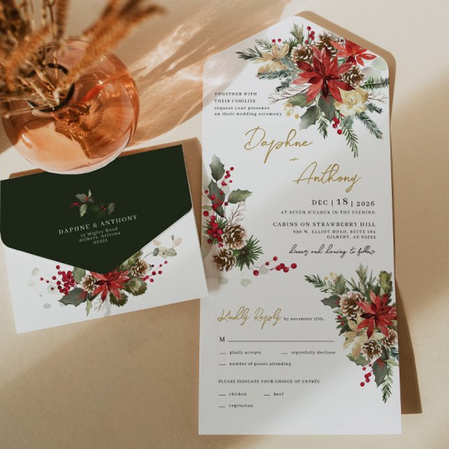 Weihnachts Pine Floral All in One Wedite Einladung (All In One Wedding Invitation)