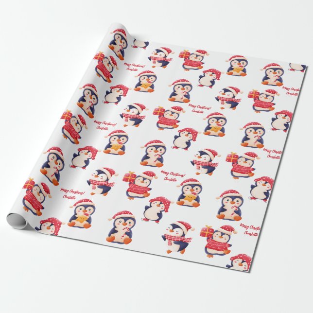 Weihnachts Pinguin Name Wrapping Paper Geschenkpapier (Ungerollt)