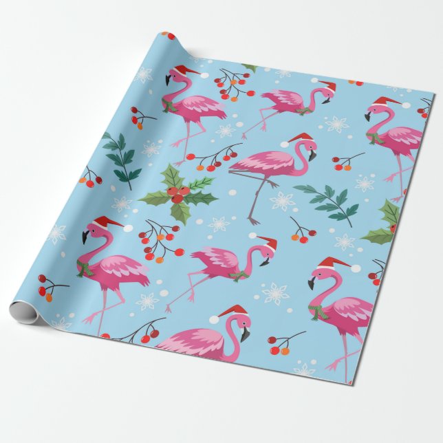 Weihnachts Pink Flamingos Red Holly Berries Gesche Geschenkpapier (Ungerollt)