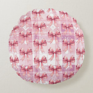 Weihnachts-Pink-Karo-Schneeflocken-Bogen Coquette Rundes Kissen