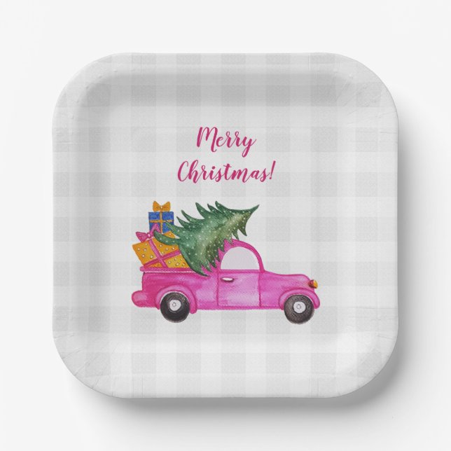 Weihnachts-Pink-LKW mit Baum und Wünschen Pappteller (Vorderseite)