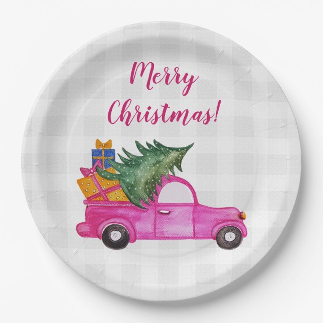 Weihnachts-Pink-LKW mit Baum und Wünschen Pappteller (Vorderseite)