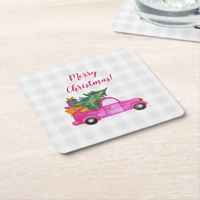 Weihnachts-Pink-LKW mit Baum und Wünschen Rechteckiger Pappuntersetzer (angewinkelt)