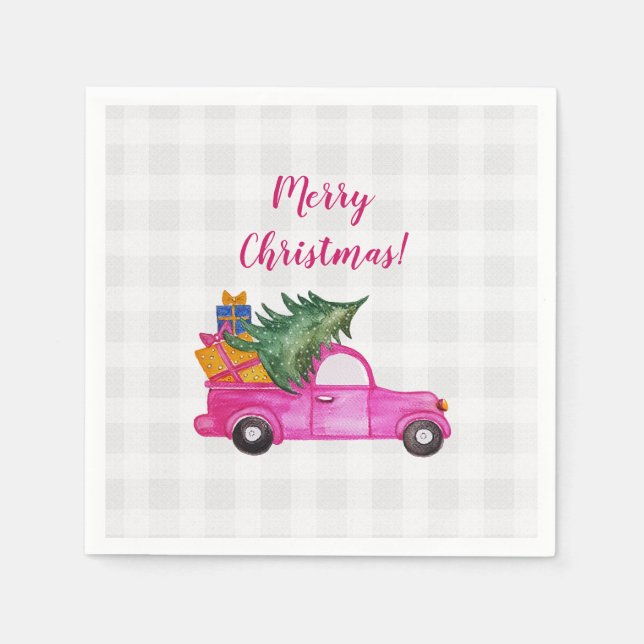 Weihnachts-Pink-LKW mit Baum und Wünschen Serviette (Vorderseite)