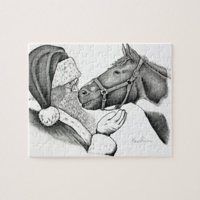 Weihnachts Pinto Paint Horse und Santa Puzzle (Horizontal)