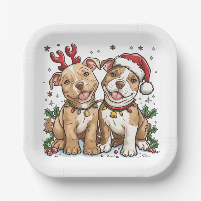 Weihnachts-Pit Bull-Hunde Pappteller (Vorderseite)