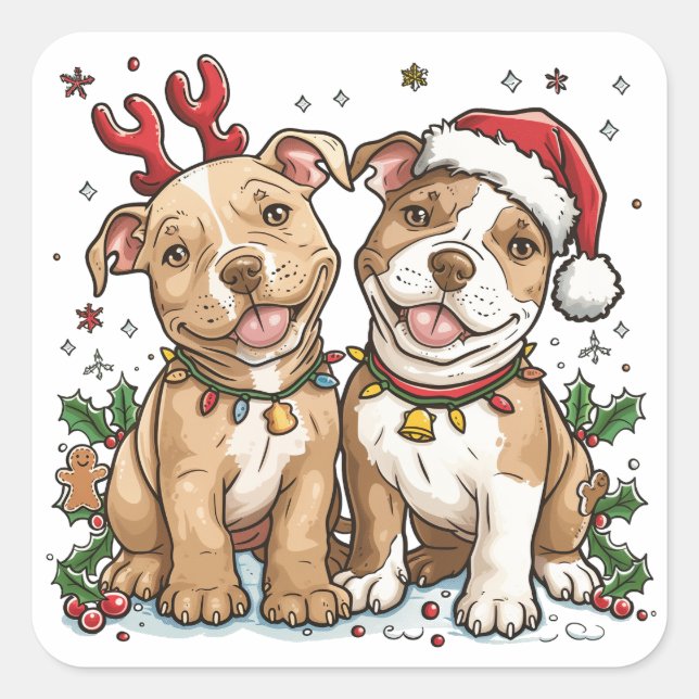 Weihnachts-Pit Bull-Hunde Quadratischer Aufkleber (Vorderseite)