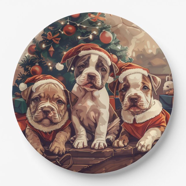 Weihnachts-Pitbull-Welpen Pappteller (Vorderseite)