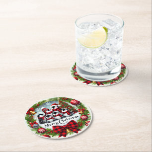 Weihnachts-Plaid-Pinguin Runder Pappuntersetzer