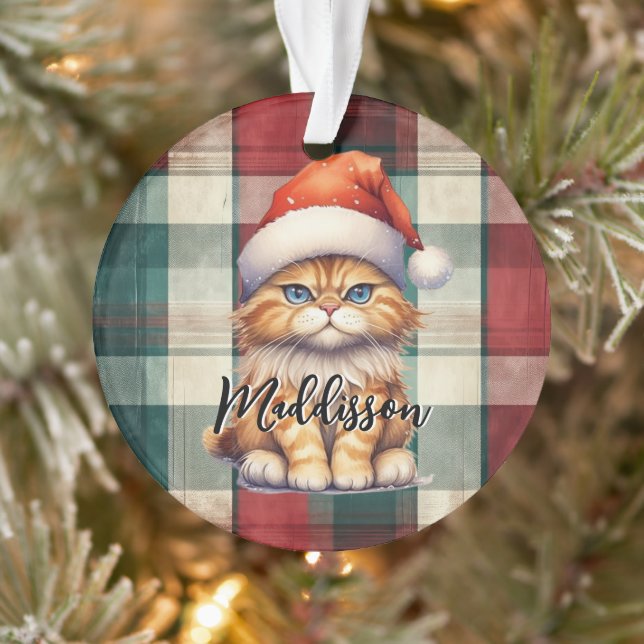 Weihnachts-Plaid-Santa-Katze mit Namen Ornament (Baum)