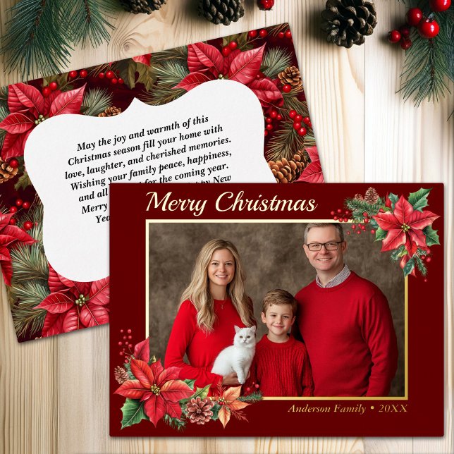 Weihnachts-Poinsettia-Blume Foto Folien Feiertagspostkarte (Christmas Poinsettia Flower Family Photo Foil Holiday Postcard)