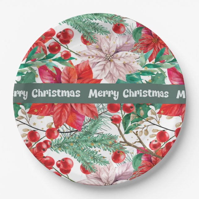 Weihnachts-Poinsettia-Design-Teller Pappteller (Vorderseite)