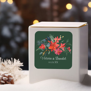 Weihnachts-Poinsettia Elegant Blumengrün Hochzeit Quadratischer Aufkleber